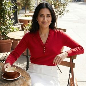 Ralph Lauren Red V-Neck Sweater Ruffle Trim Button Placket Cotton Small